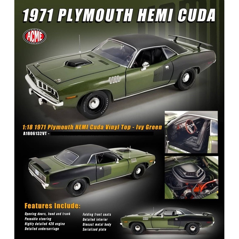 1/18 ACME 1971 Plymouth Hemi Cuda Vinyl Top - Ivy Green