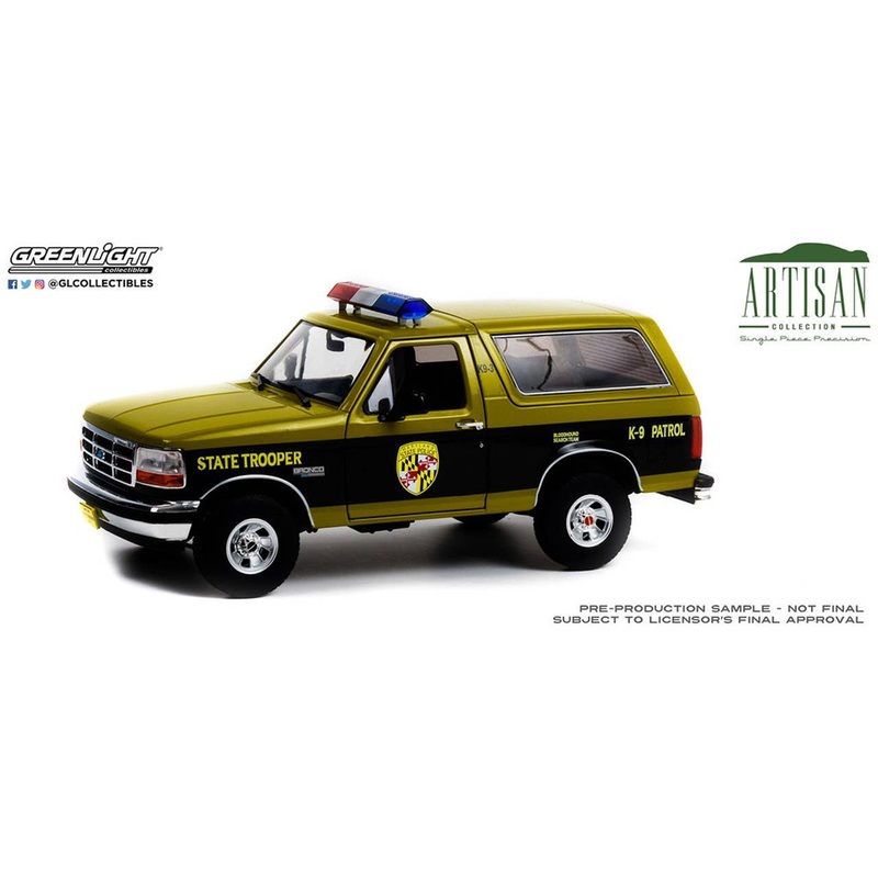1/18 GreenLight Artisan Collection 1996 Ford Bronco Maryland State Police State Trooper Bloodhound Search Team K-9 Patrol