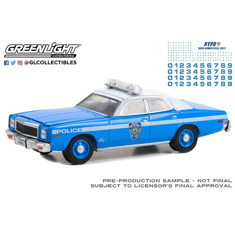 1/64 GreenLight Hot Pursuit - 1977 Plymouth Fury - New York City Police Dept (NYPD) with NYPD Squad Number Decal Sheet