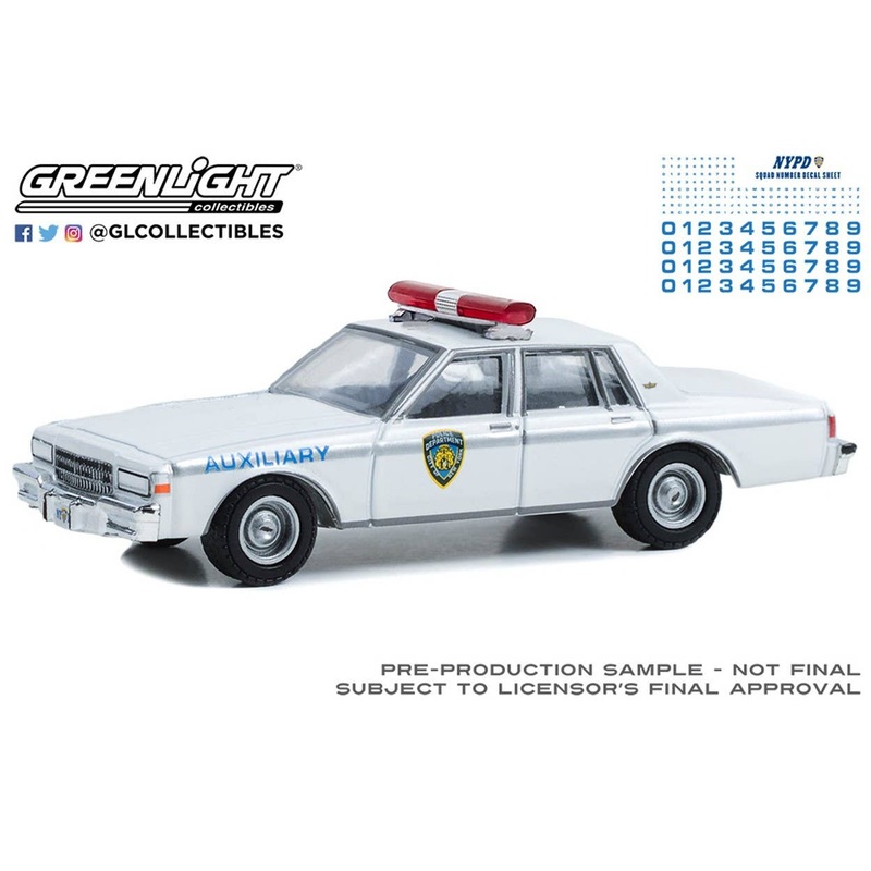 1/64 GreenLight Hot Pursuit - 1989 Chevrolet Caprice - New York City Police Dept (NYPD) Auxiliary with NYPD Squad Number Decal Sheet