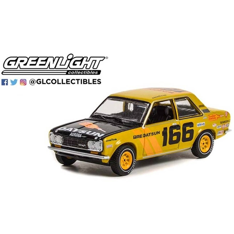 1/64 GreenLight All-Terrain Series 13 - 1973 Datsun 510 4-Door Sedan - #166 Brock Racing Enterprises (BRE) Peter Brock and John Morton Sugar Daddy Mexican 1000 Rally