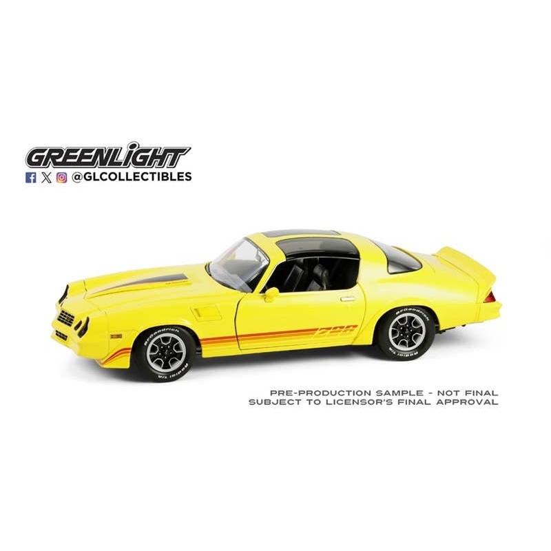 1/18 GreenLight 1980 Chevrolet Camaro Z/28 with T-Tops - Bright Yellow with Red Tri Color Stripes