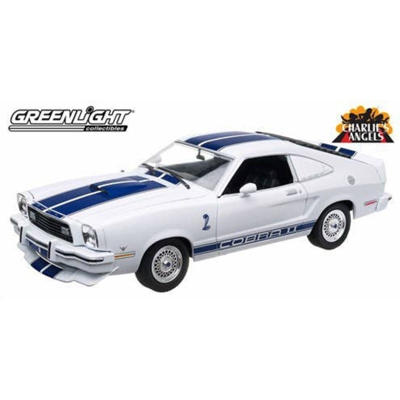 1/18 GreenLight Charlie's Angels (1976-1981 TV Series) 1976 Ford Mustang Cobra II White with Blue Racing Stripes
