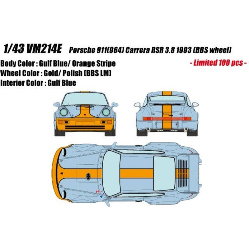 1/43 Porsche 911 (964) Carrera RSR 3.8 1993 BBS Wheel Gulf Blue Orange Stripe
