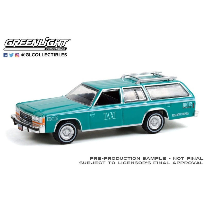 1/64 GreenLight 1991 Ford LTD Crown Victoria Wagon - Rosarito, Baja California, Mexico Taxi - Teal with White Stripes