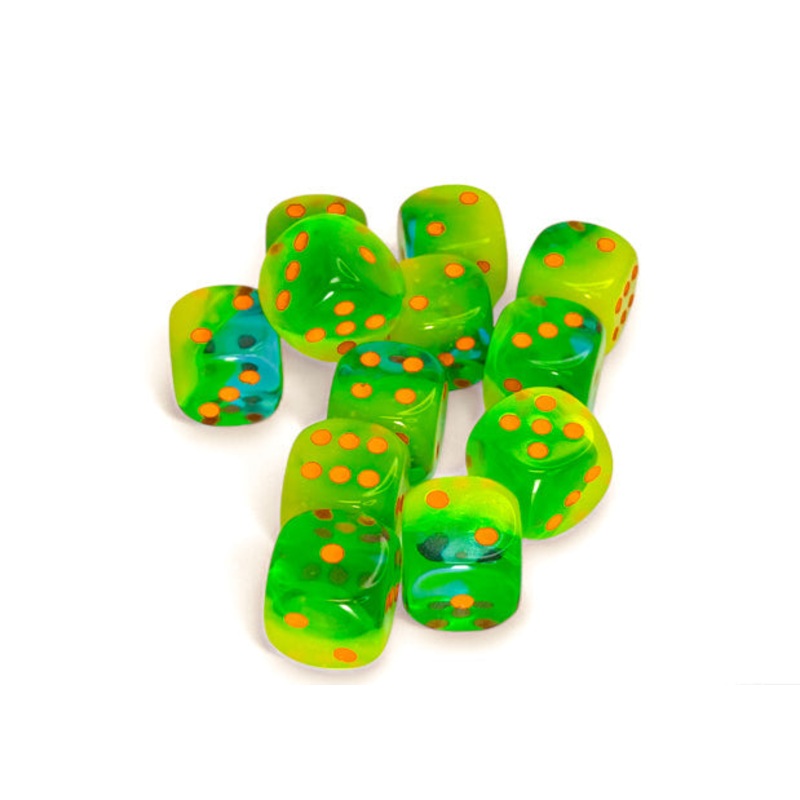 Chessex: Gemini - Luminary - 16mm D6 36PC Dice Block (Plasma Green-Teal & Orange)